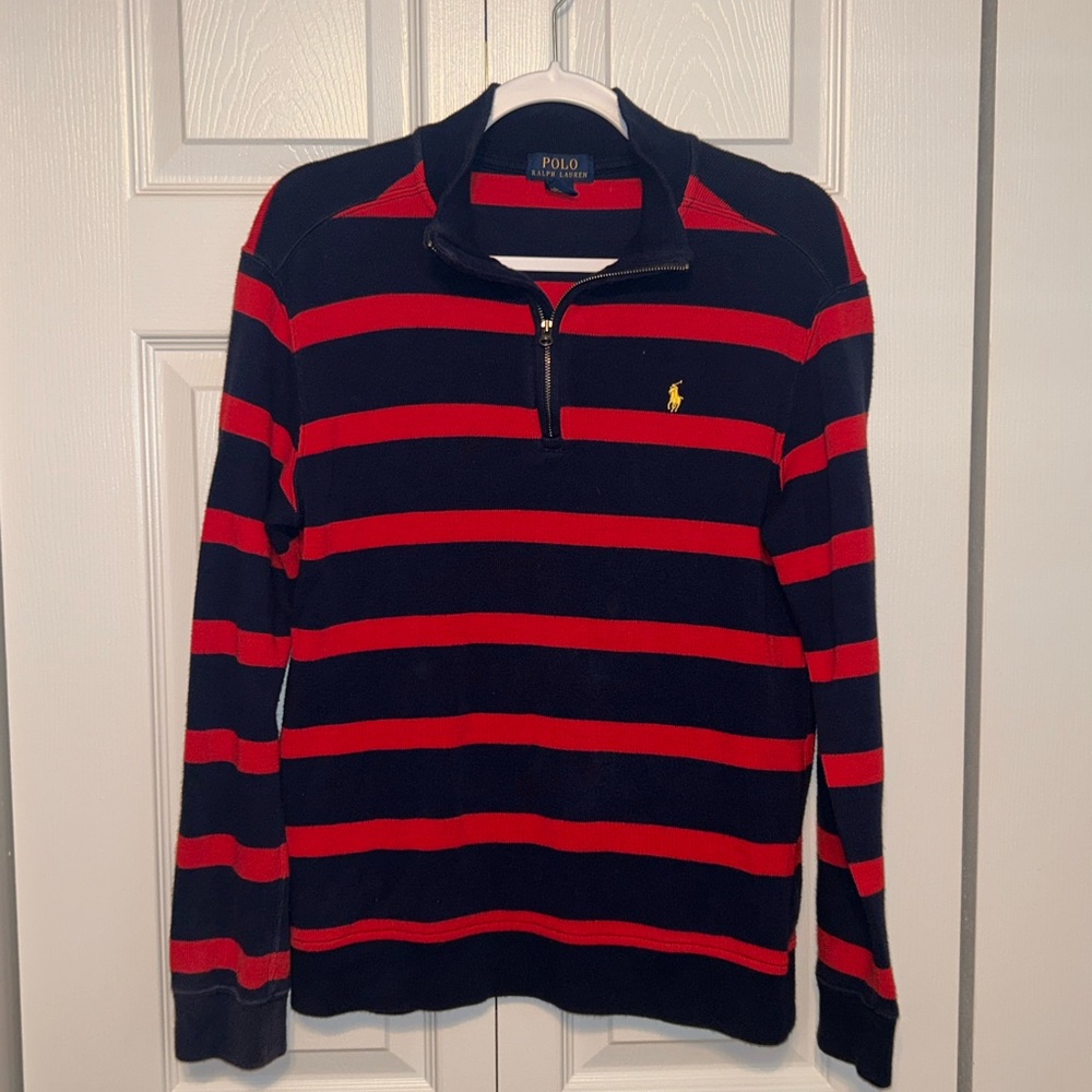 Polo Ralph Lauren Sweater Men's XL Red/Navy  1/4 Zip Long Sleeve Knit Pullover
